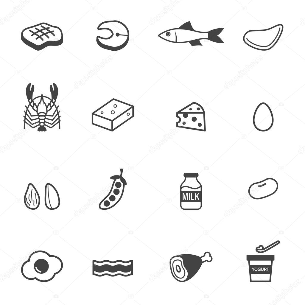 Protein food icons, mono vector symbols