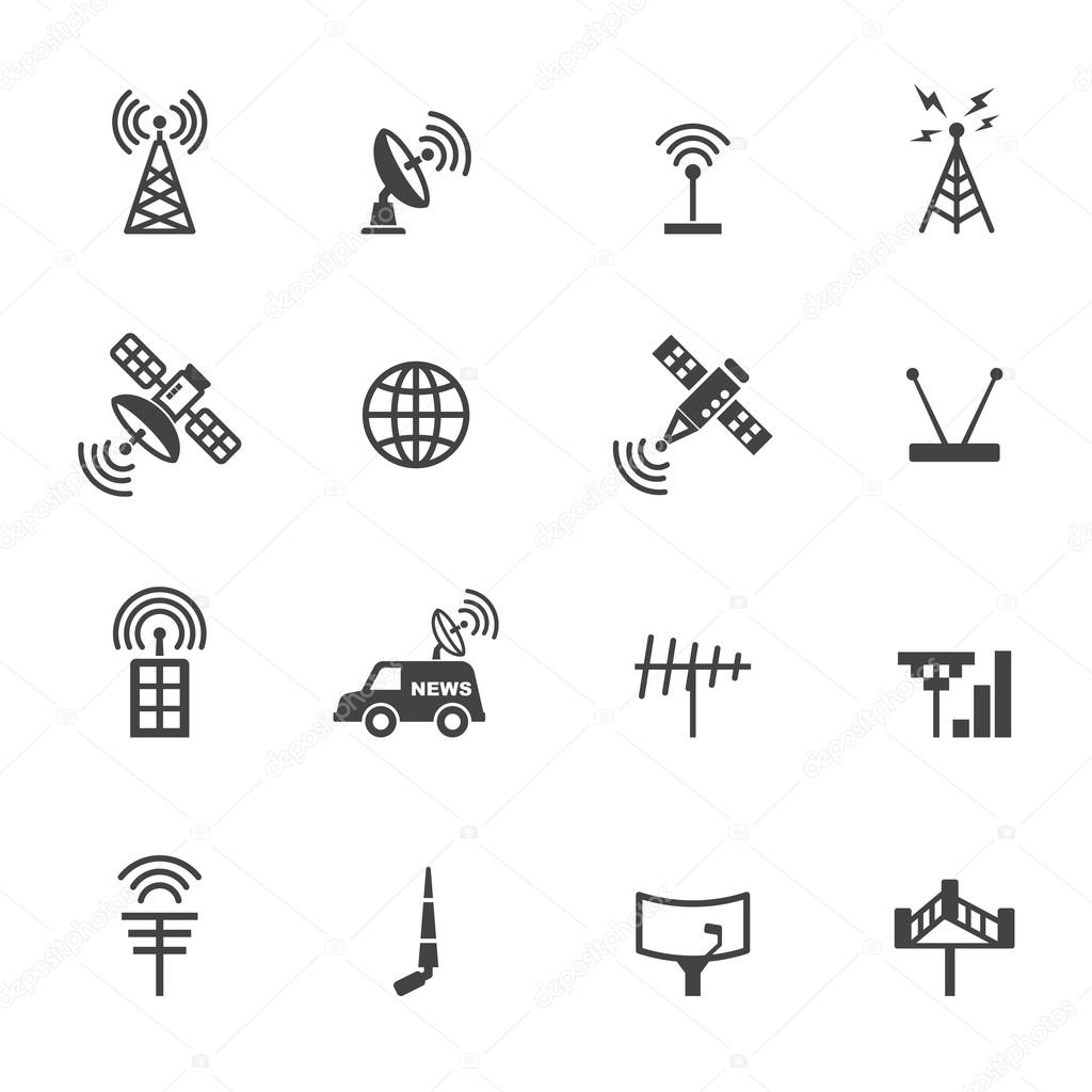Antenna and satellite icons, mono vector symbols