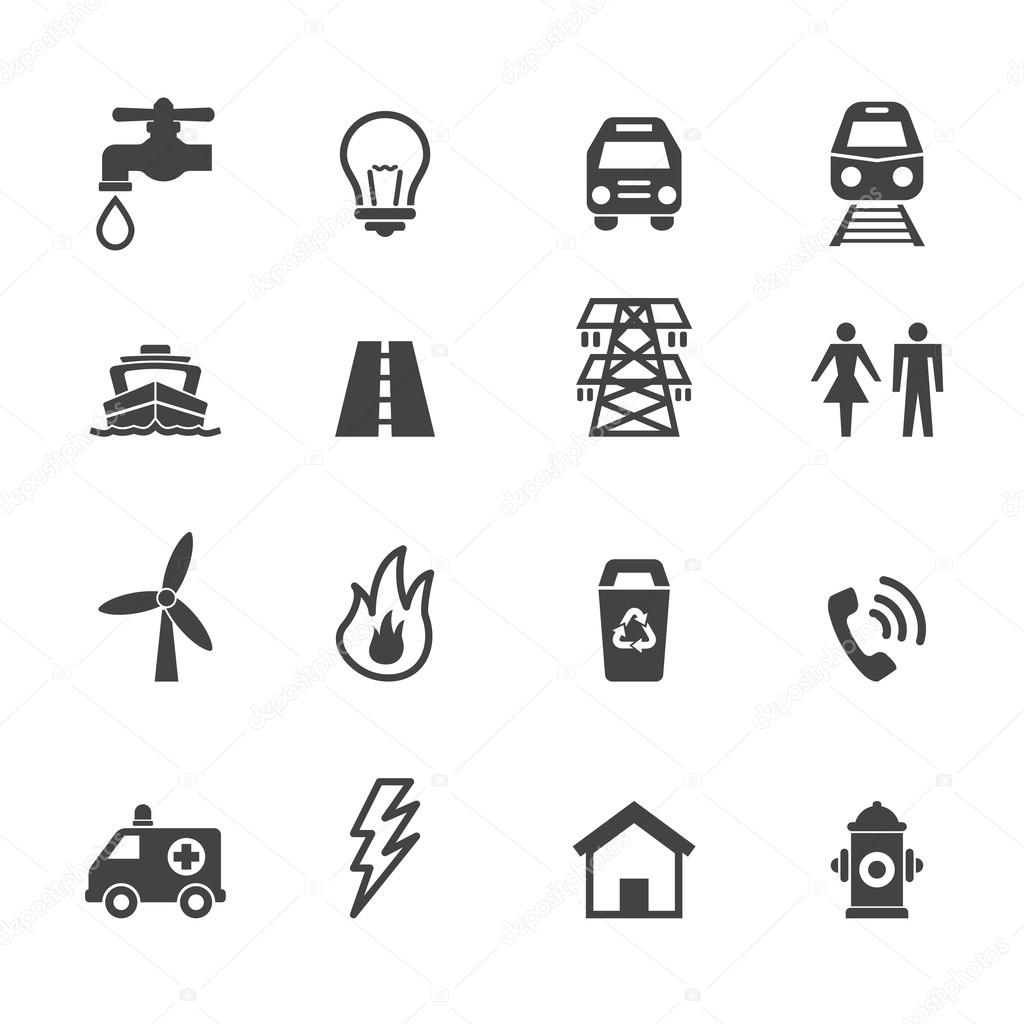 Public utility icons, mono vector symbols