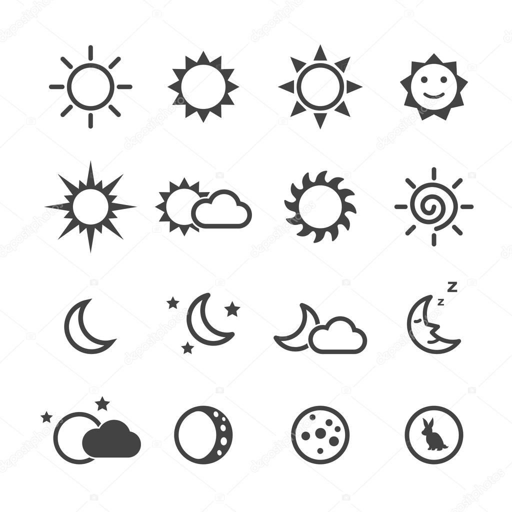 Sun and moon icons, mono vector symbols