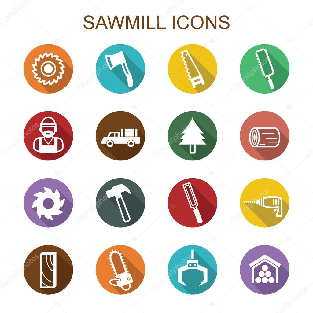 Sawmill long shadow icons, flat vector symbols