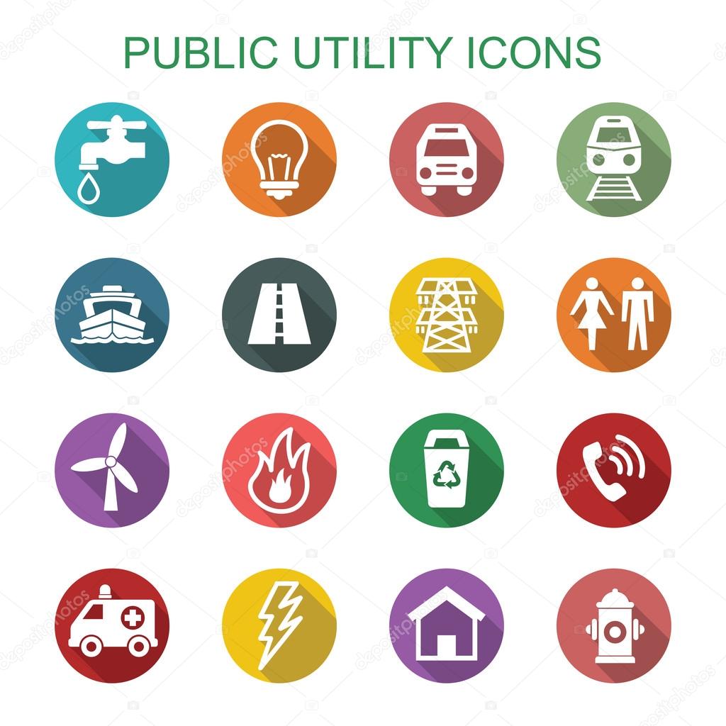Public utility long shadow icons, flat vector symbols