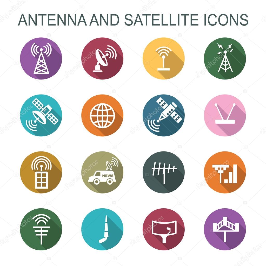 Antenna and satellite long shadow icons, flat vector symbols