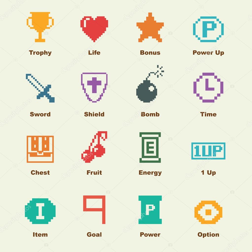 8 bit game elements, vector infographic icons