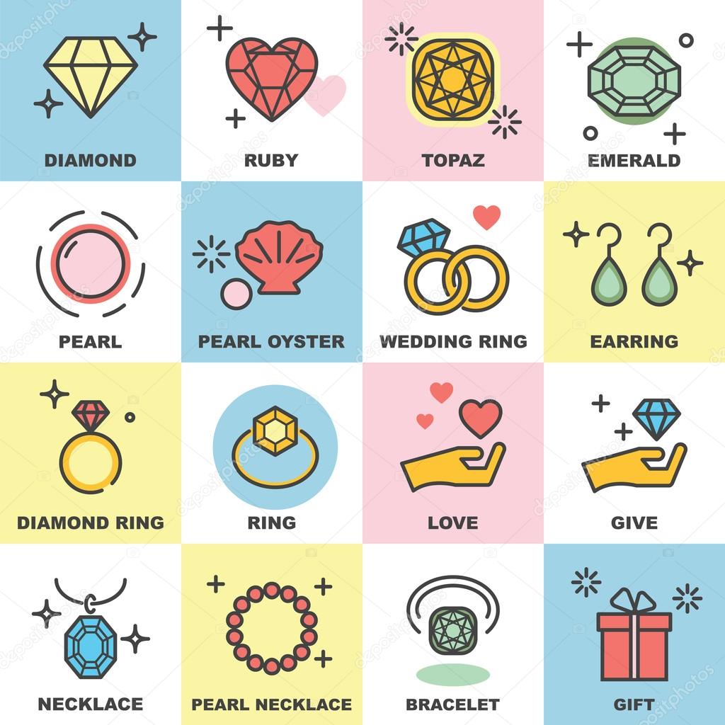 jewelry line icons set