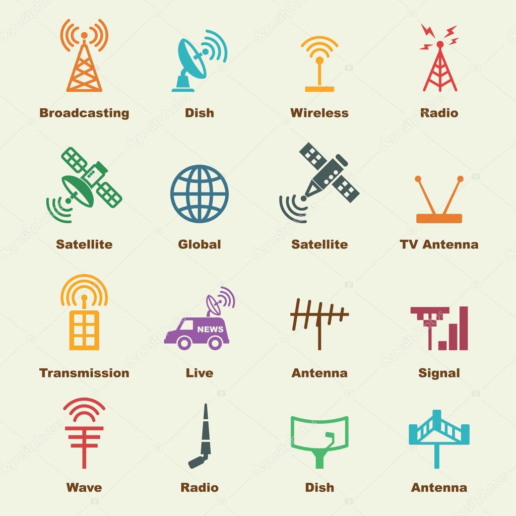 Antenna and satellite elements, vector infographic icons