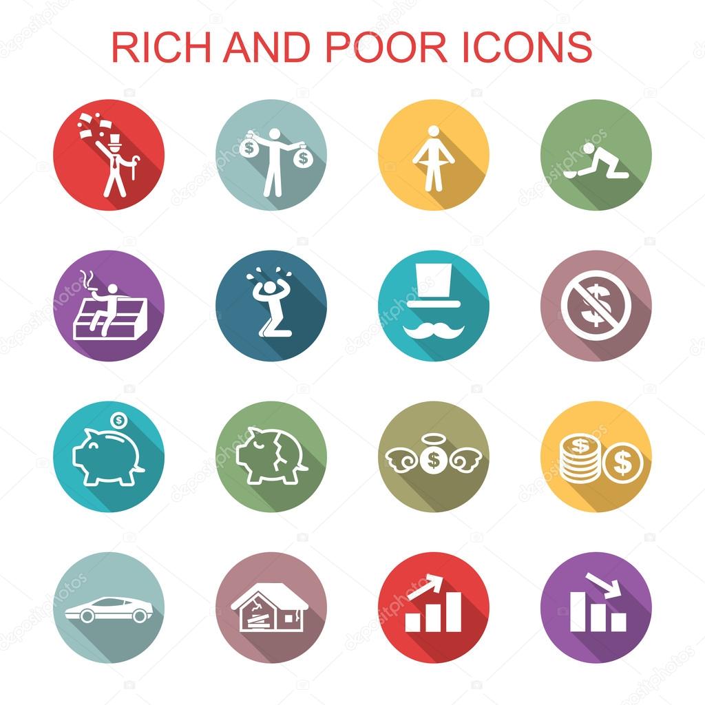 Rich and poor long shadow icons, flat vector symbols