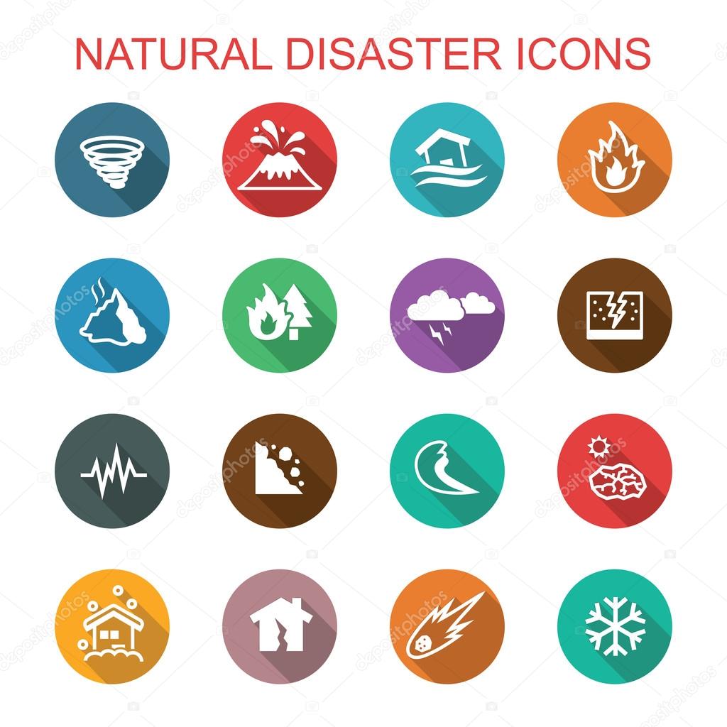 Natural disaster long shadow icons, flat vector symbols