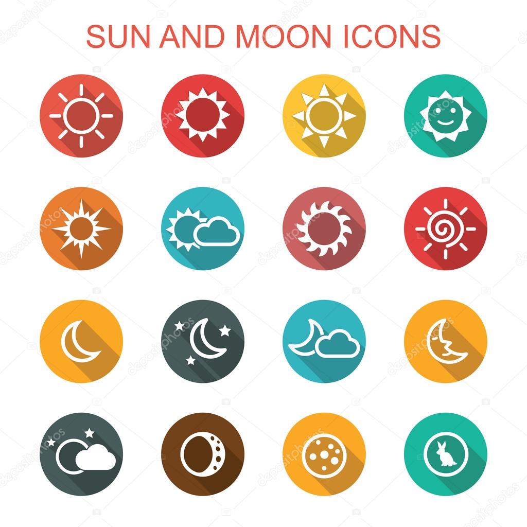 Sun and moon long shadow icons, flat vector symbols