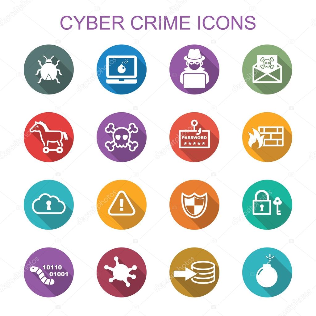Cyber crime long shadow icons, flat vector symbols