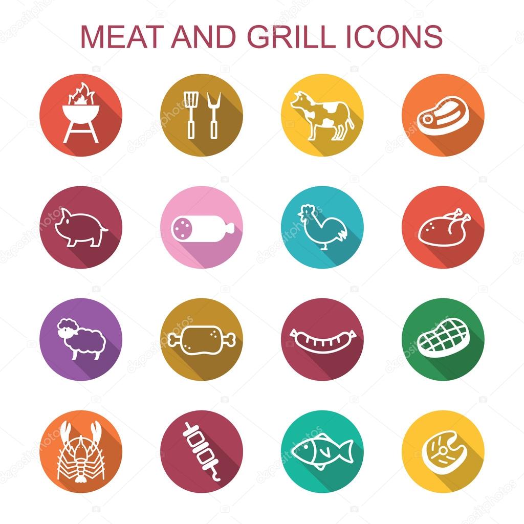 Meat and grill ong shadow icons, flat vector symbols