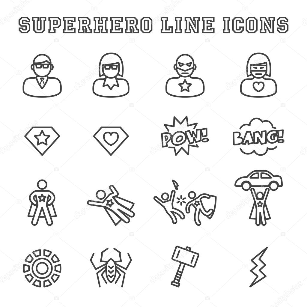 Superhero line icons, mono vector symbols