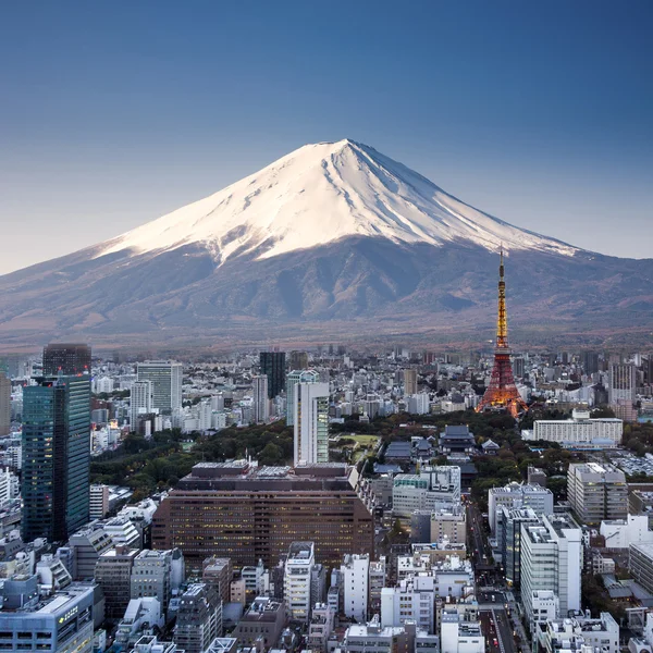 Tóquio vista superior pôr do sol com o Monte Fuji fotografia surreal. Japão — Fotografia de Stock