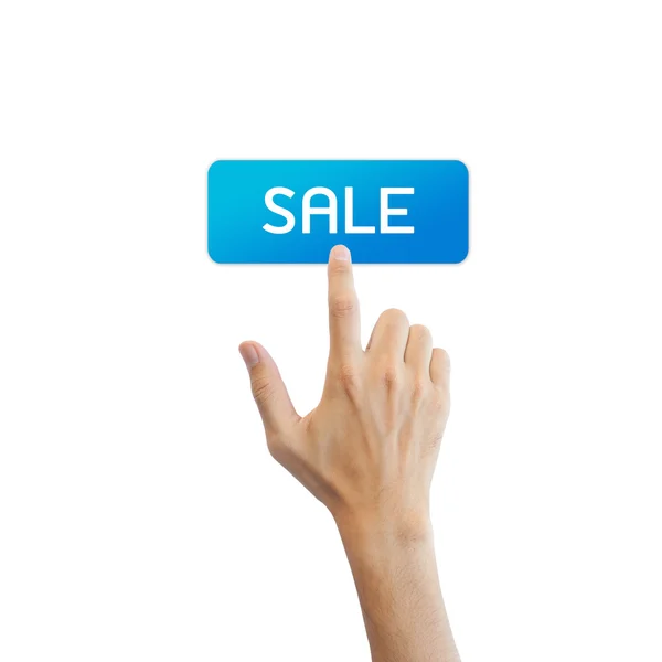 Кнопка продажи с реальной рукой на белом фоне — стоковое фото