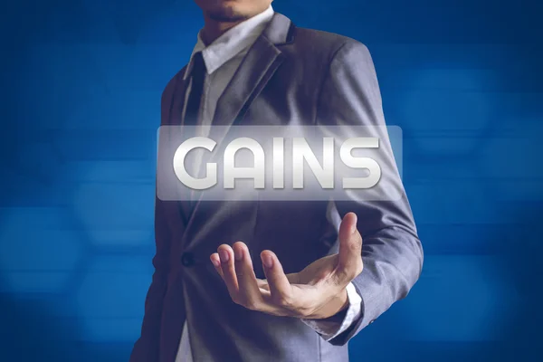 Businessman or Salaryman with Gains text modern interface concep — Stock Photo, Image