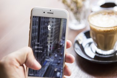 CHIANG MAI, THAILAND - APRIL 22, 2015: Tumblr micro-blogging service that allows users to post text messages on Apple iphone 6, images, videos, links, quotes and audio to their tumblelog.