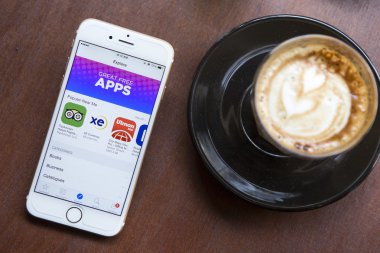 CHIANG MAI, THAILAND - APRIL 22, 2015: App Store features information page on brand new Apple iPhone 6. App Store is a digital distribution service for mobile apps on iOS platform, developed by Apple Inc.