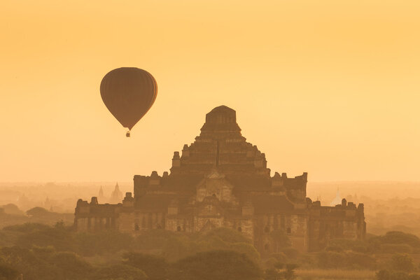 Hot air balloon over landscape of Bagan, Myanmar. 