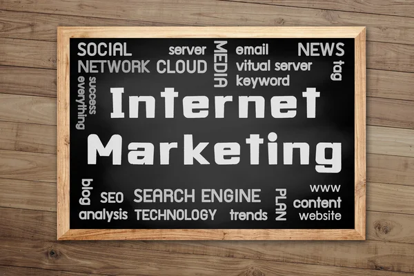 Internet Marketing concept on chalkboard and background with Brown wood plank wall texture — Φωτογραφία Αρχείου