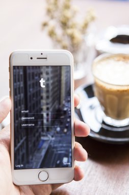 CHIANG MAI, THAILAND - APRIL 22, 2015: Tumblr micro-blogging service that allows users to post text messages on Apple iphone 6, images, videos, links, quotes and audio to their tumblelog.