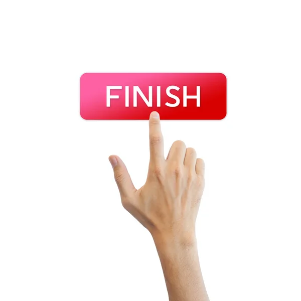 Finish button with real hand isolated on white background — Stockfoto