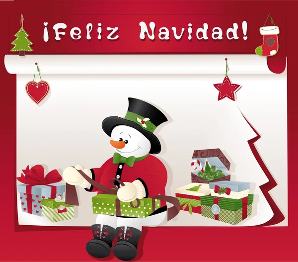 Christmas card with snowman, gifts and feliz navidad — Stock Vector