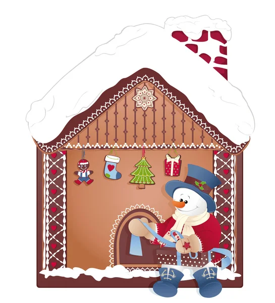 Christmas- muñeco de nieve con regalo y casa de jengibre — Vector de stock