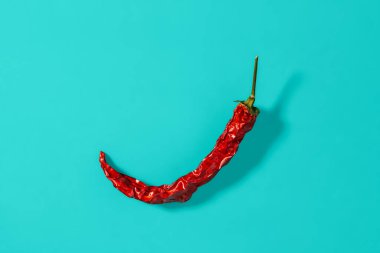 Kırmızı kırmızı biberli kuru kapsül, deniz mavisi arka planda gölge bırakır. Et, balık ve sebze yemekleri için doğal baharatlar ve baharatlar. Hard Light stüdyo çekimi. Üst görünüm.