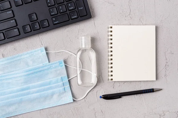 Copy Space Spring Notebook Medical Face Mask Hand Sanitizer Keyboard — Stock Photo, Image