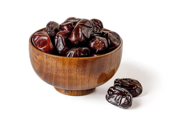 Sweet Dried Dates Wooden Bowl Isolated White Background Delicious Vegetarian — Stock Photo, Image