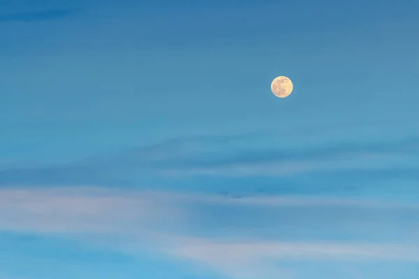 夕方の空の青いピンク色の雲の上に大きな淡い満月 驚くほど静かな夕暮れの空 天文学と月の相 背景としてパステル風光明媚な雲景 自然の美しさ コピースペース フルフレーム — ストック写真
