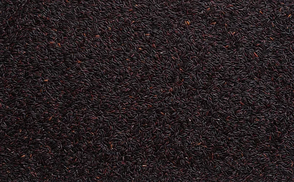 Texture of raw black rice for background. Surface of uncooked dark rice. Asian cuisine design element. Unpolished organic black rice grains for vegetarian diet and healthy eating. Full frame. Top view.