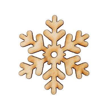 Tahta kar tanesi yıldız süslemesi beyaz arka planda izole edildi. Kış tatili, Noel ve Yeni Yıl kavramları. Tebrik kartı, kartpostal ya da afiş için tasarım ögesi. Makro.