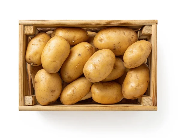 Raw Yellow Potatoes Wooden Crate Isolated White Background Fresh Potato — Stock Photo, Image