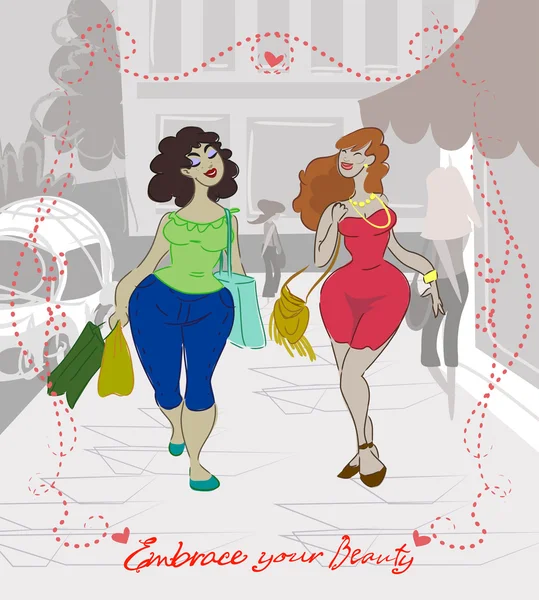 Curvy women happy shopping — Stock Vector