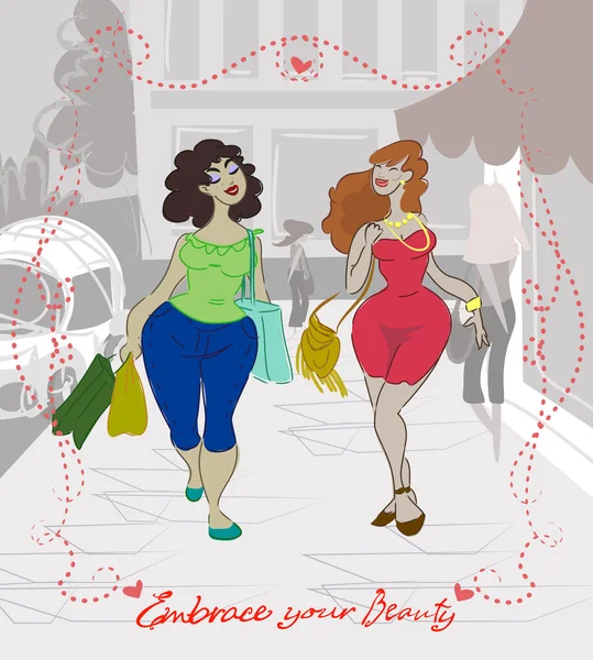 Curvy women happy shopping Vector Graphics
