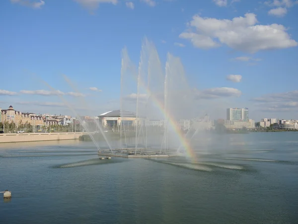Lake the lower boar with a fountain and a rainbow in Kazan, Russia
