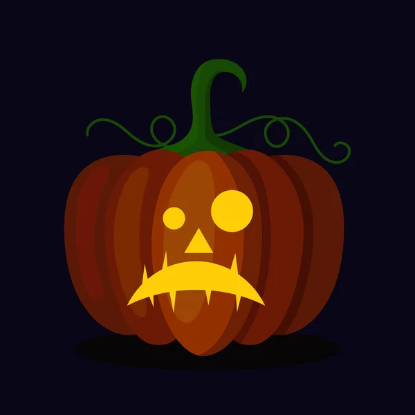 Linterna de calabaza naranja con una cara aterradora para Halloween. Decoración festiva. Ilustración vectorial de dibujos animados sobre fondo oscuro — Vector de stock