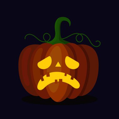 Cadılar Bayramı için korkunç suratlı turuncu balkabağı feneri. Şenlik dekorasyonu. Koyu arkaplanda çizgi film vektör çizimi