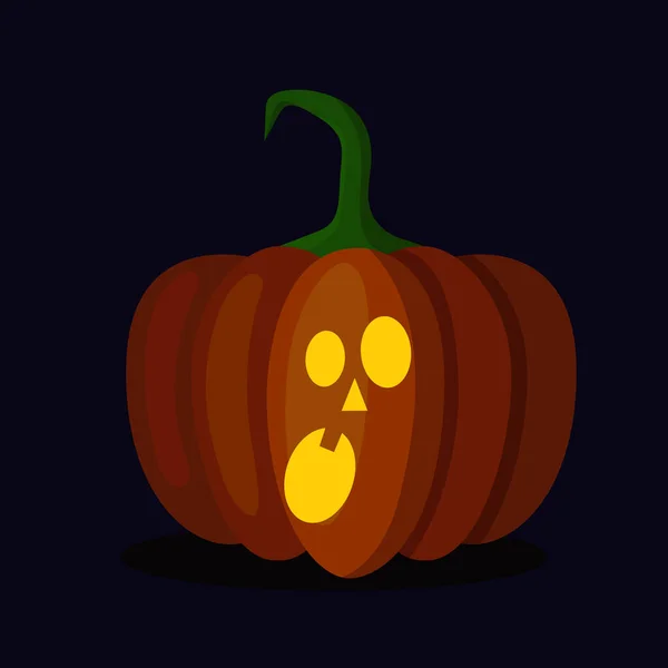 Orange pumpkin lantern with a scary face for Halloween. Festive decoration. Cartoon vector illustration on dark background — Stock Vector