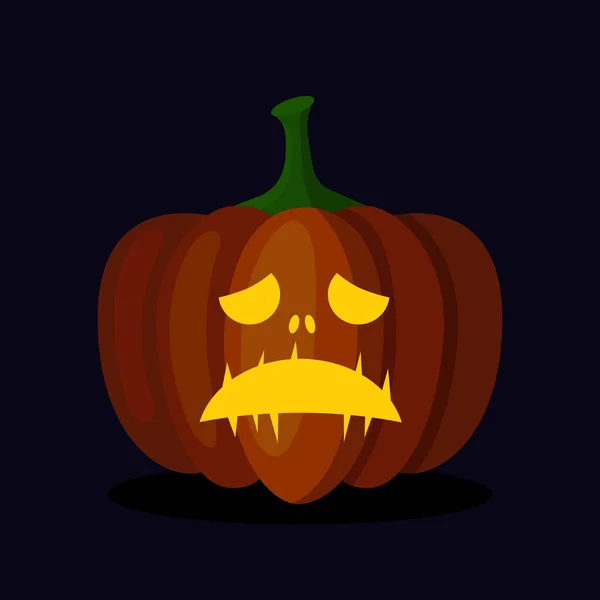 Linterna de calabaza naranja con una cara aterradora para Halloween. Decoración festiva. Ilustración vectorial de dibujos animados sobre fondo oscuro — Vector de stock