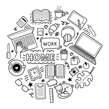 Sevimli vektör el karalama elemanları kümesi. Ev konsepti, uzaktan öğrenme, koronavirüs salgını önleme. Beyaz arkaplanda izole nesneler