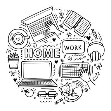 Sevimli vektör el karalama elemanları kümesi. Ev konsepti, uzaktan öğrenme, koronavirüs salgını önleme. Beyaz arkaplanda izole nesneler