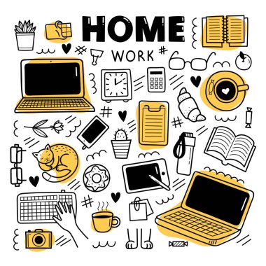 Sevimli vektör el karalama elemanları kümesi. Ev konsepti, uzaktan öğrenme, koronavirüs salgını önleme. Beyaz arkaplanda izole nesneler