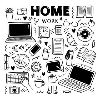 Sevimli vektör el karalama elemanları kümesi. Ev konsepti, uzaktan öğrenme, koronavirüs salgını önleme. Beyaz arkaplanda izole nesneler