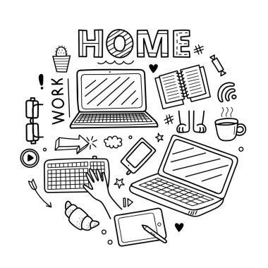 Sevimli vektör el karalama elemanları kümesi. Ev konsepti, uzaktan öğrenme, koronavirüs salgını önleme. Beyaz arkaplanda izole nesneler