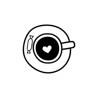 El çizimi vektör çizimi. Şekerli bir fincan kahve. Beyaz arkaplanda siyah ana hat izole edildi