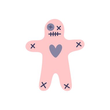 Beyaz arka planda pembe voodoo bebeği. Büyü, cadılık, zarar, intikam, kara büyü. El çizimi vektör izole tek çizim.