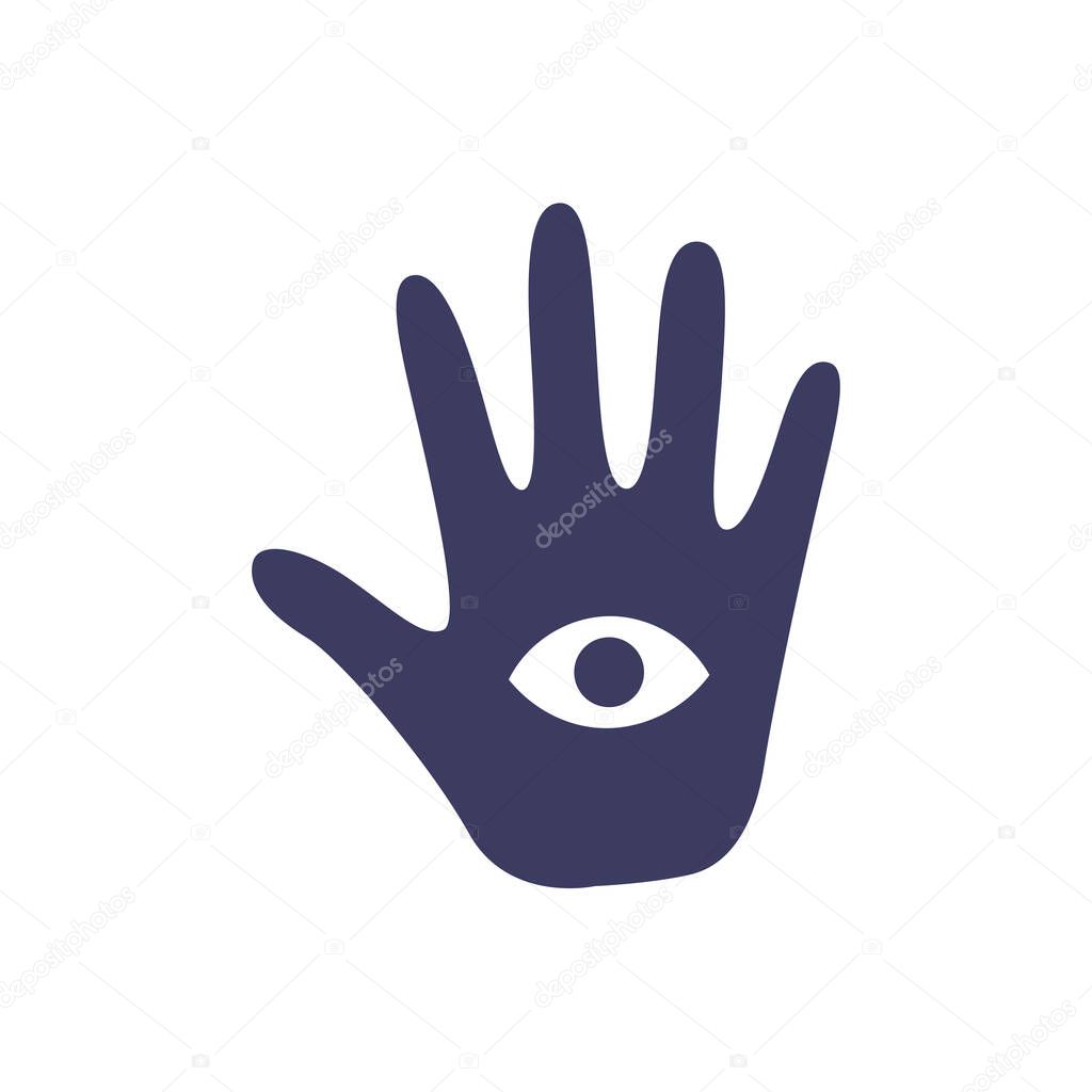 Magic occult hand of divination with an eye on a white background. Attributes for magic and witchcraft. Hand drawn vector isolated single illustration.