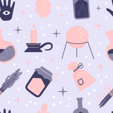 Mavi arka planda kusursuz bir büyü deseni var. Sihir için özellikler. El çizimi vektör illüstrasyonu